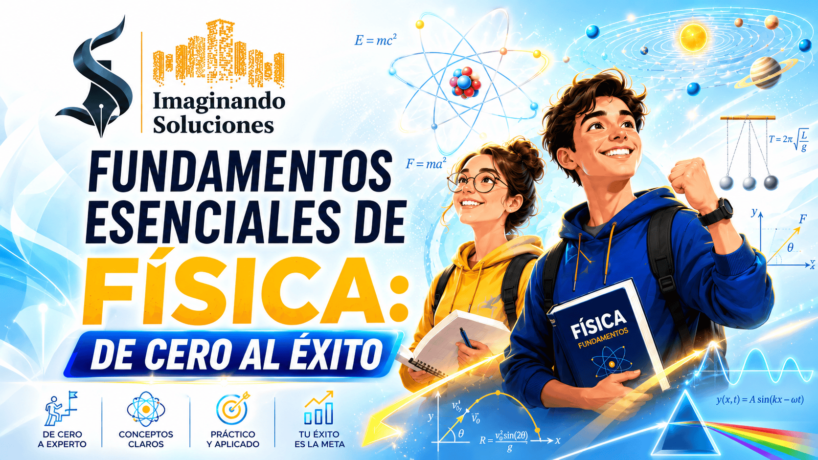 Estudiantes con libros de física y conceptos científicos en fondo dinámico.